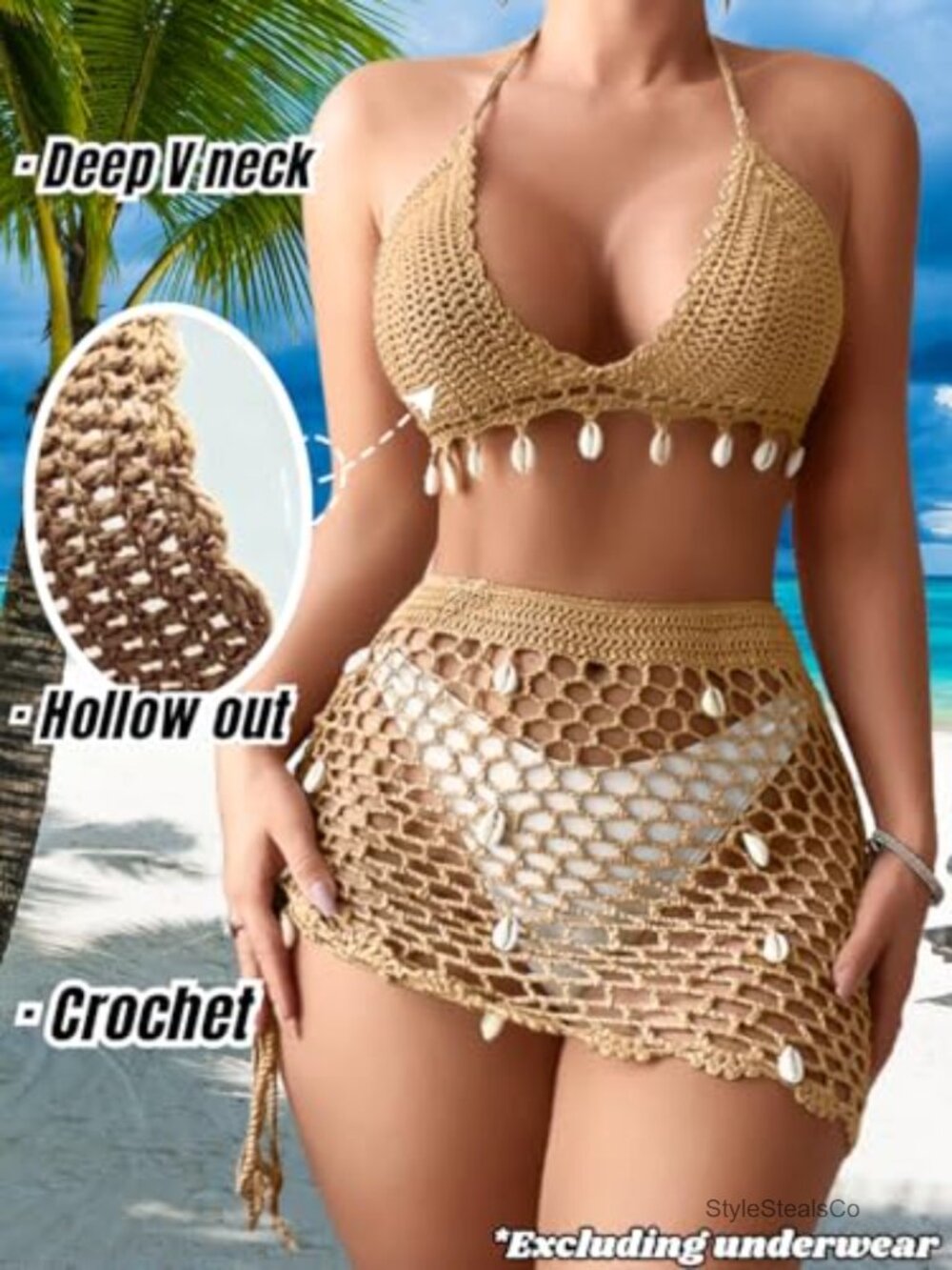Two Piece Skirt Set Crochet Shell Boho Swimsuit Cover Up - Picture 3 of 6